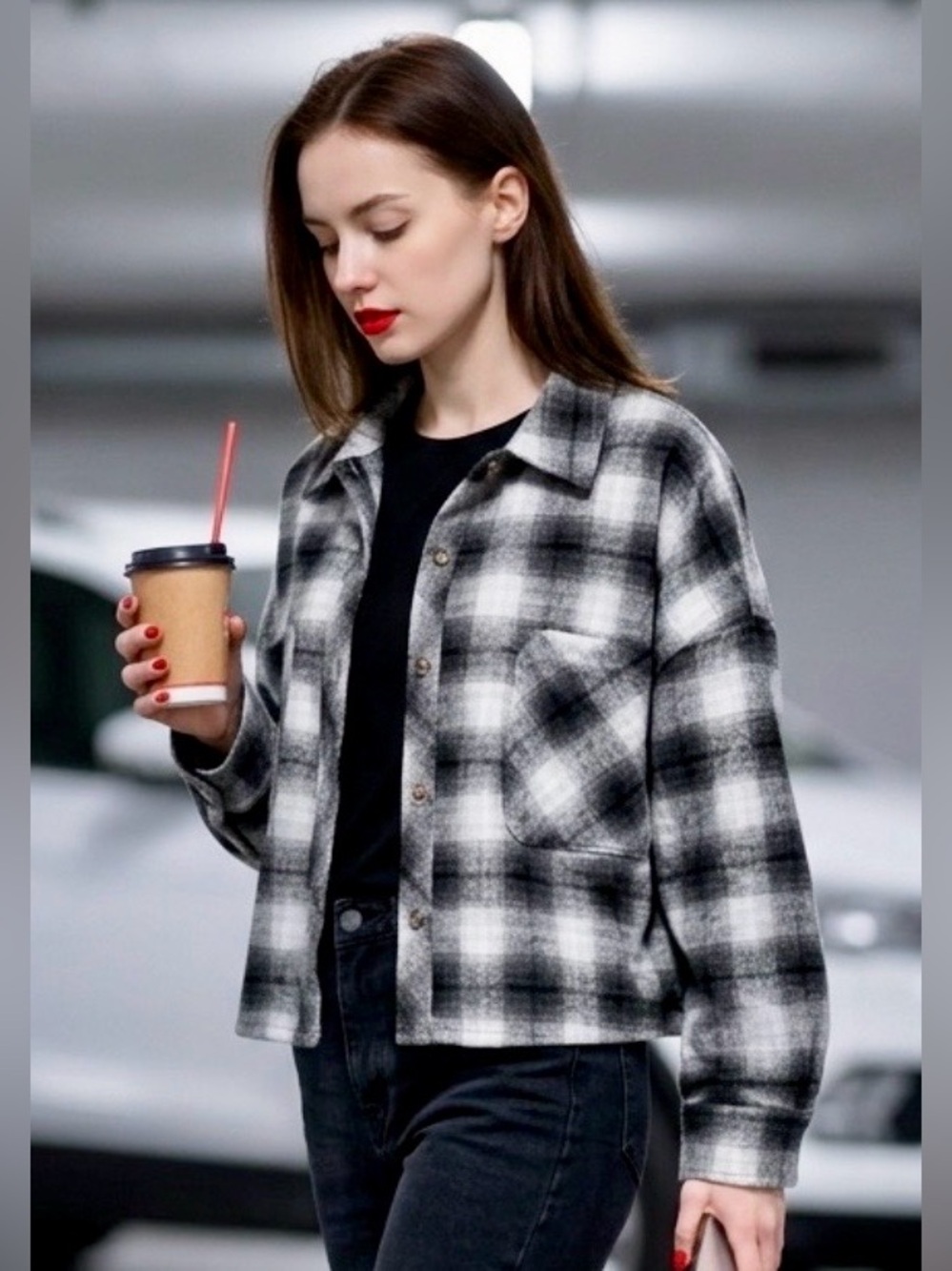 NWT Ci Sono Black and Gray Plaid Longsleeve Button Up Shirt in Large